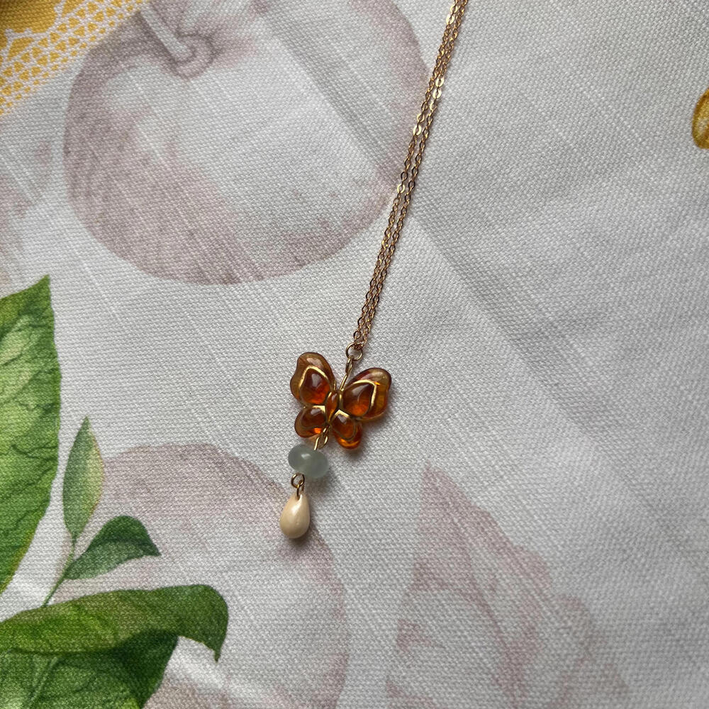 Amber Blue Jade Beige Czech Glass Acrylic Butterfly Necklace, Cute Fun Jewelry - Picture 2 of 7